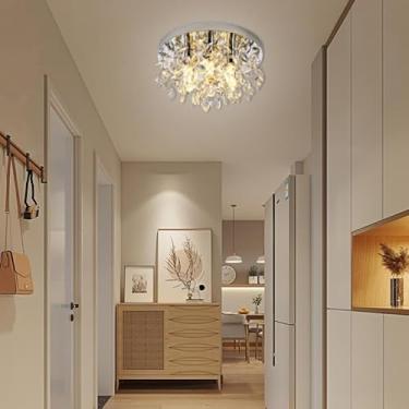 Imagem de Luminária de teto LED com cristais, estilo lustre moderno cromado, com cúpula, ideal para sala de estar, corredor, sala de jantar, cozinha e escritório (35 cm).