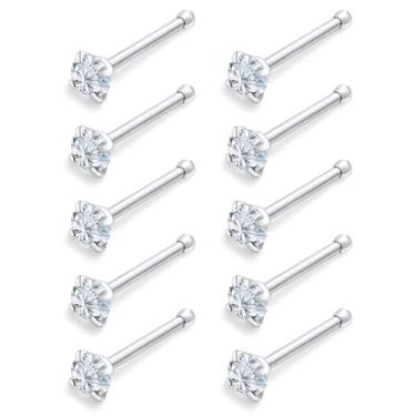 Imagem de Dyknasz Piercing de nariz de aço cirúrgico com zircônia cúbica, 10 peças, minúsculos anéis de narina para mulheres, piercing de osso de parafuso e piercing de narina em forma de L, joias 24G 22G 20G