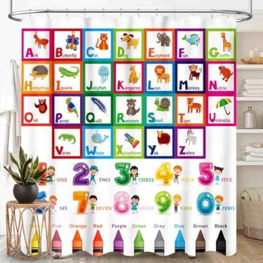 Imagem de TKUYO Cortina de chuveiro infantil com alfabeto ABC para banheiro, desenho animado, educacional, fofo, colorido, volta às aulas, tecido impermeável para crianças, conjunto de cortinas de chá de bebê
