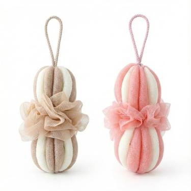 Imagem de Esponja de malha de bucha, 2 peças de bolas de água de malha macia, bola de banho de espuma densa de dois tons para mulheres, lavagem corporal e limpeza profunda acessórios de banho