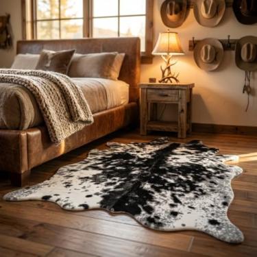 Imagem de MustMat Tapete de couro sintético com estampa de vaca para sala de estar (preto e branco, 1,6 m x 2 m)