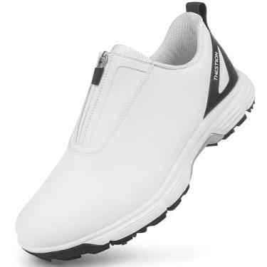 Imagem de Ifrich Novo tênis masculino de golfe masculino spikes tênis de golfe sem cadarço com zíper caminhada tênis esportivo treinamento tênis de golfe para homens, Branco e preto, 46