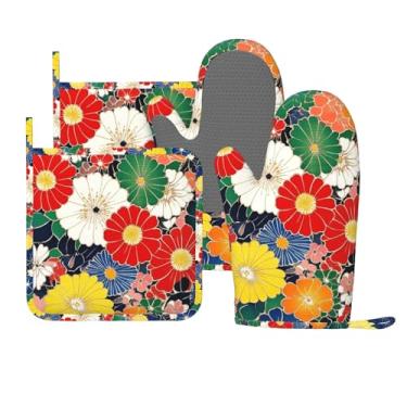 Imagem de Luvas de forno e suportes de panela flor padrão de arte étnica silicone acessórios de cozinha conjunto de 4 luvas longas resistentes ao calor pegador de panela aderência antiderrapante para chef