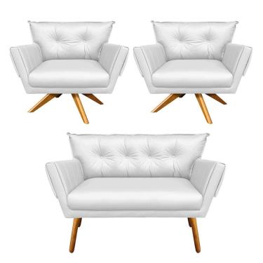 Imagem de Kit 01 Namoradeira 02 Poltronas Corino Branco Base Madeira