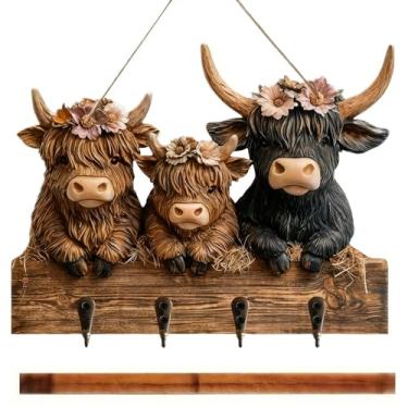 Imagem de Porta-chaves - Organizador de 4 ganchos de madeira com design de vaca - Gancho de chave de madeira rústica, para chapéu, casaco, mochila, bolsa, casa, entrada, sala de estar, quarto, cozinha