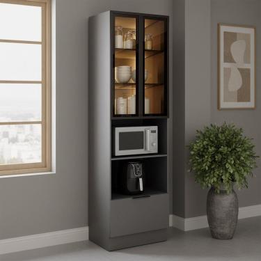Imagem de Paneleiro de Cozinha 70cm com Iluminacão e com Rodapé 2 Portas com Vidro e 1 Gaveta Lumina Cinza