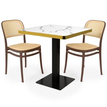 Imagem de Conjunto Mesa De Jantar Redonda Venezia 70x70cm Branca Com 2 Cadeiras Roma - Marrom