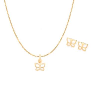 Imagem de Conjunto Rommanel Colar com Pingente e Brincos de Borboleta Vazada Cor