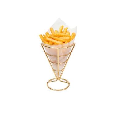 Imagem de Suporte Cone Fritas Cestinha Inox Dourado Servir Petisco Bar - casa ch