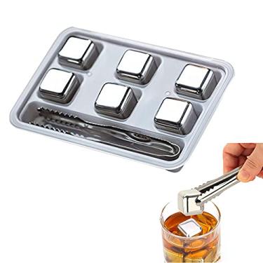 Imagem de HIOD Conjunto de cubos de gelo Whisky Pedras reutilizáveis de aço inoxidável grau alimentício Cubo refrigerante Rock Party Bar Tool com clipe, 6 peças