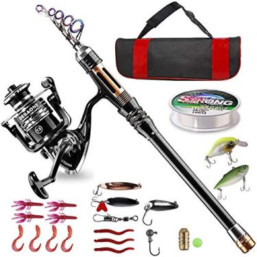 Imagem de BlueFire Kit de vara de pesca, conjunto de vara de pesca telescópica de fibra de carbono e carretel com molinete giratório, linha, isca, ganchos e bolsa de transporte, conjunto de equipamentos de
