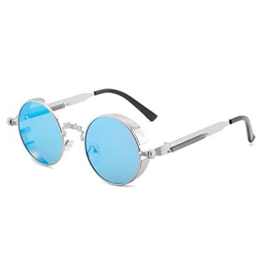 Imagem de Óculos de sol redondos retrô homens mulheres designer estilo punk à prova de vento armação de metal vintage óculos de sol óculos de sol uv400, azul c9, tamanho único