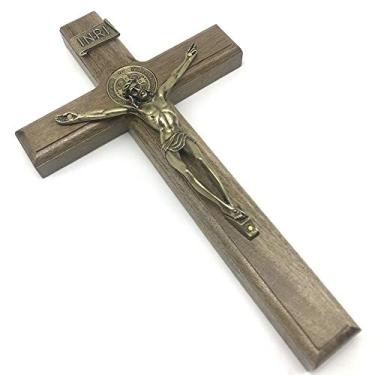 Imagem de Crucifixo de Parede Madeira São Bento Metal Ouro Velho 26 cm