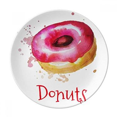 Imagem de Prato de sobremesa de rosquinha rosa pintado à mão em aquarela, prato de jantar decorativo de porcelana