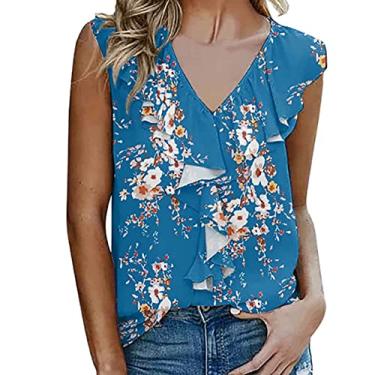 Imagem de Regatas femininas decote em V básico estampa floral sem mangas camisetas blusas soltas pulôver colete, azul, GG (busto: 114 cm)