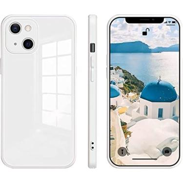 Imagem de BRART Capa compatível com capa para iPhone 13 Painel traseiro de vidro imperado transparente e bordas macias de silicone com tudo incluído, capa de telefone de silicone (cor: branco)