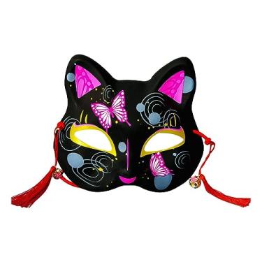 Imagem de Máscara Facial de Gato Japonês | Capa de rosto de animal de estilo japonês pintada à mão | Cobertura para rosto de Halloween pintada em cores escuras, capa para rosto de animal estilo Xiaofeigun