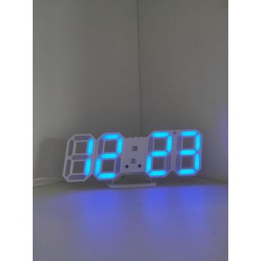Imagem de Relógio Led 3D Parede Mesa Branco/Led Azul Calendario Despertador Temp