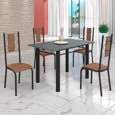 Imagem de Conjunto Sala de Jantar Bahia Mesa Tubo 120x75cm Tampo Pedra com 4 Cadeiras Marrom/Preto Fosco