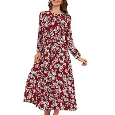 Imagem de UIFLQXX Vestido de coquetel feminino de comprimento médio plissado manga longa floral vestido vintage vestido feminino maxi vestidos, Vermelho, GG