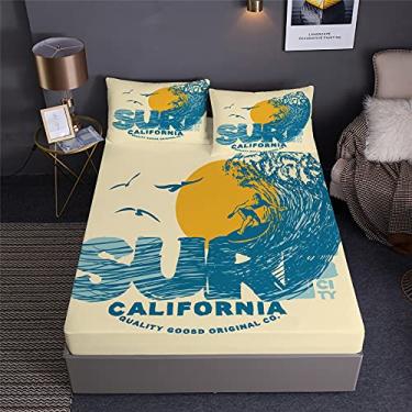 Imagem de Jogo de cama com estampa de surfista e prancha de surfe, cama em um saco, 7 peças, incluindo 1 lençol com elástico + 1 edredom + 4 fronhas + 1 lençol de cima (C, cama de solteiro em uma bolsa - 7