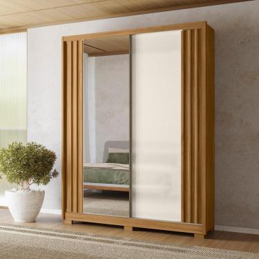 Imagem de Guarda Roupa Solteiro Espelho 2 Portas 3 Gavetas Ripado Colorado Moval - Freijo/Off White