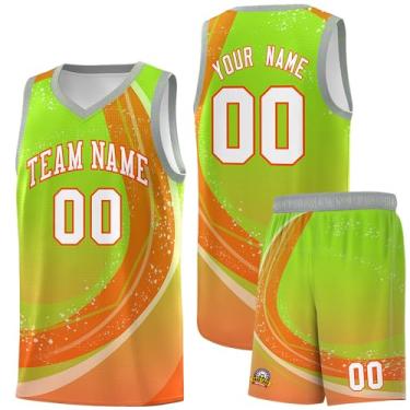 Imagem de Camiseta de basquete personalizada - Número do nome do time personalizado uniforme esportivo para homens mulheres jovens, Verde neon e laranja-17, One Size