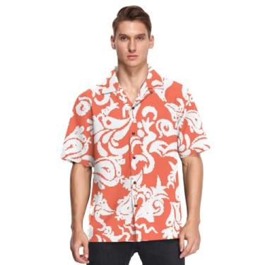 Imagem de Camisa masculina havaiana manga curta abotoada ornamento floral oriental laranja esportes camisas de vestir para hombres mangá, Ornamento floral oriental laranja, GG