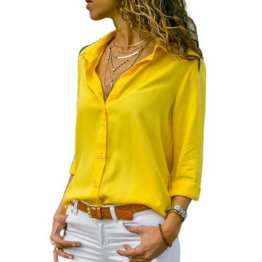 Imagem de ZIRIA Blusa elegante de chiffon lisa casual manga longa gola V camisa solta escritório senhora túnica tops grandes, Amarelo, XG