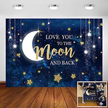 Imagem de Avezano Love You to The Moon and Backdrop for Baby Tea Birthday Party Decoration Sky Moon Gold Stars Twinkle Twinkle Little Star Gênero Revelação Fotografia Fundo (2,1 x 1,5 m)