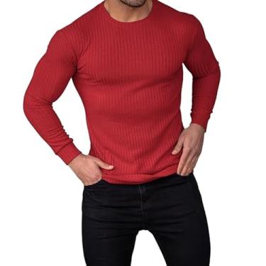 Imagem de Camiseta masculina casual com listras verticais de manga comprida para esportes de outono, Vermelho, GG