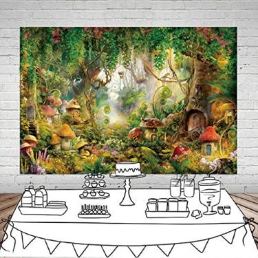 Imagem de Fundo de floresta mágica de 3,5 x 2,3 m, tamanho grande, selva, videira, cogumelo, país das maravilhas decoração verde enevoado mundo encantado, fotografia de fundo verde para meninas, faixa de festa