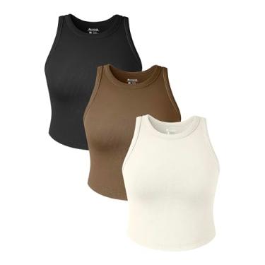 Imagem de OQQ Camiseta feminina de 3 peças, gola redonda, sem mangas, básica, elástica, para ioga, cropped, Preto, café, bege, GG