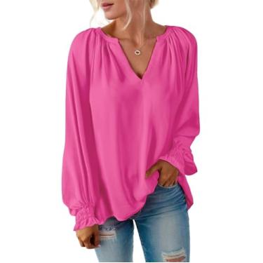 Imagem de Cnlinkco Blusa feminina elegante com decote em V, manga comprida, chiffon, casual, rosa, GG