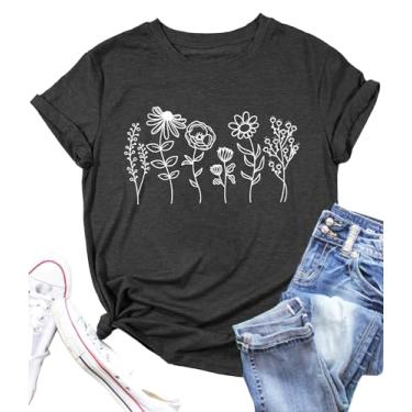 Imagem de Camisetas femininas de flores silvestres com estampa floral botânica, blusa de manga curta, blusa casual Faith Tees Tops, Cinza, GG