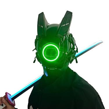 Imagem de JAUPTO Techwear Punk Helmet, LED Light Cool Samurai Mask, Halloween Cosplay Anime Mask (Green)