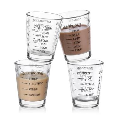 Imagem de Conjunto de copos de medição de copos de shot, pacote com 4 copos de café expresso, vidro pesado líquido, 26 medições incrementais, 28,3 g, 2 TBS, 6 colheres de chá, 30 ml utensílios de cozinha