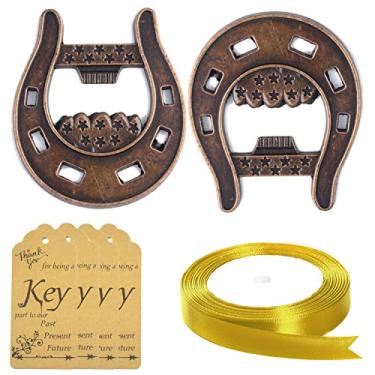 Imagem de Aokbean 24 peças de lembranças de festa abridor de garrafa de ferradura da sorte com etiquetas e fitas de escolta para decoração rústica de festa de casamento, bar, presente, Cobre
