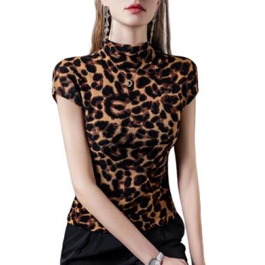 Imagem de Yueary Camiseta feminina com estampa de leopardo, gola redonda, manga curta, túnica de malha canelada slim fit verão trabalho elegante, Marrom, XG