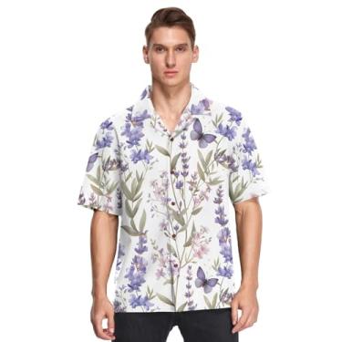 Imagem de CHIFIGNO Camisas masculinas havaianas de praia verão camisas casuais de botão manga curta camisa de ajuste solto, Borboletas com flores de lavanda violeta, G