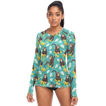 Imagem de Camiseta feminina Rash Guard, manga comprida, para praia, FPS 50+, leve, para caminhadas, praia, casual, Macaco com bananas em turquesa, G
