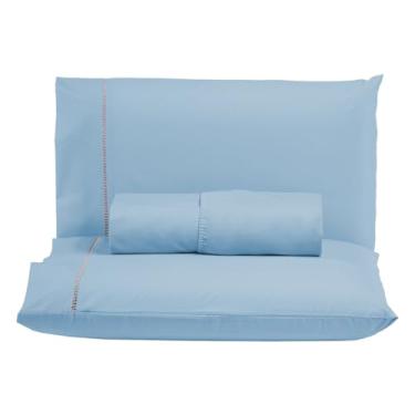 Imagem de Kit Jogo Lençol Ponto Palito Super King 3 peças 300 Fios 100% Algodão (AZUL PISCINA)