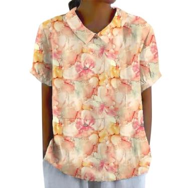 Imagem de Camisetas femininas de linho de algodão 2024 lapela manga curta blusas elegantes para trabalho casual confortável verão túnica tops, #11 - Laranja, M
