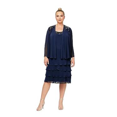 Imagem de S.L. Fashions Jaqueta feminina plus size enfeitada com ombro de chiffon, vestido de mãe da noiva, Azul-marinho profundo, 50