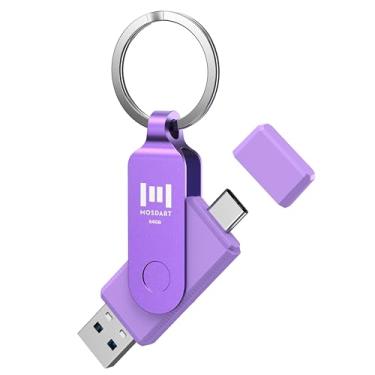 Imagem de MOSDART Pen drive USB 3.1 de 64 GB de velocidade rápida C e um duplo, cartão de memória exFAT com chaveiro e indicador LED, para iPhone 15 e 16, telefone Android, iPad, MacBook e outros laptops, roxo