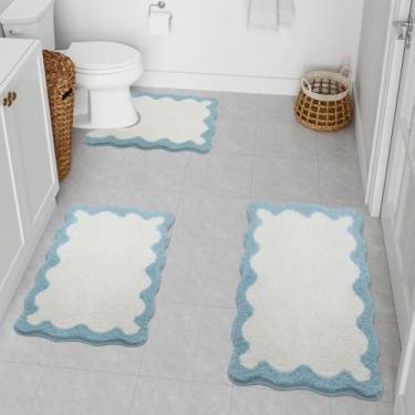 Imagem de Uphome Conjunto de 3 peças de tapete de banheiro recortado azul antiderrapante divertido tapete de banheiro com contorno em forma de U tapete de banheiro de microfibra felpudo absorvente fofo lavável
