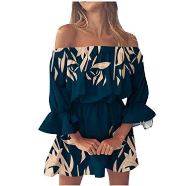 Imagem de Generic Vestido de praia feminino comprimento 3/4 manga bufante vestido de ombro vazado para mulheres chiffon floral midi vestido plissado havaiano, H-331 azul-marinho, XGG