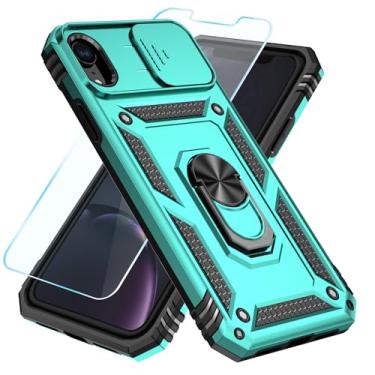Imagem de SunStory Capa compatível com iPhone XR com protetor de tela HD e capa de câmera deslizante e suporte de anel girado, capa de telefone [de grau militar] para iPhone XR (azul-petróleo)