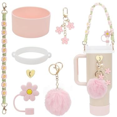 Imagem de Conjunto de acessórios para copos Stanley, 1 alça de garrafa de água, 1 capa de silicone de copo, 1 capa de silicone de canudo, 2 pingentes Stanley para copo Stanley de 1,2 L e copo de 887 ml