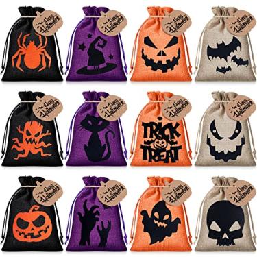 Imagem de 24 unidades de sacos de serapilheira de Halloween com cartões de abóbora e cordão de 18 x 12 cm, saco de juta de linho de Halloween para doces de estopa ou travessura, bolsas de doces de Halloween